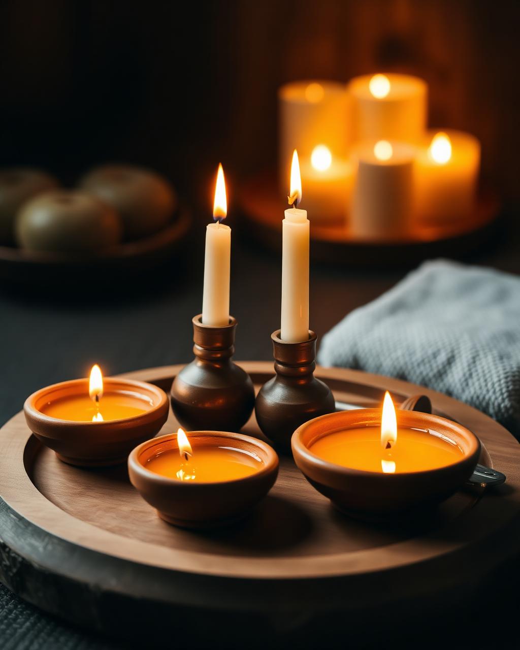Lit candles in terracotta bowls on an olive wood tray