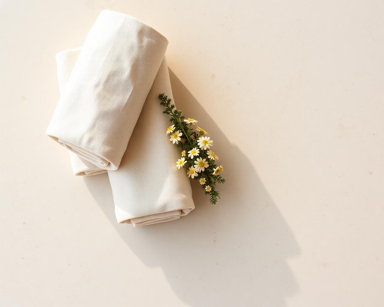 Rolled cream linen with chamomile on warm stone