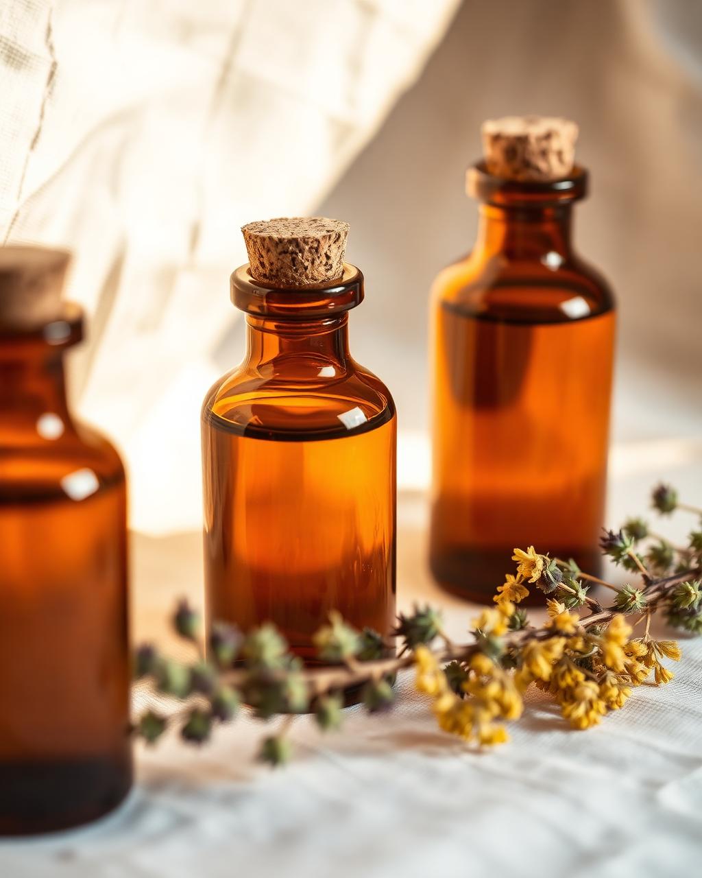Amber glass massage oil bottles with sprigs of dried herbs