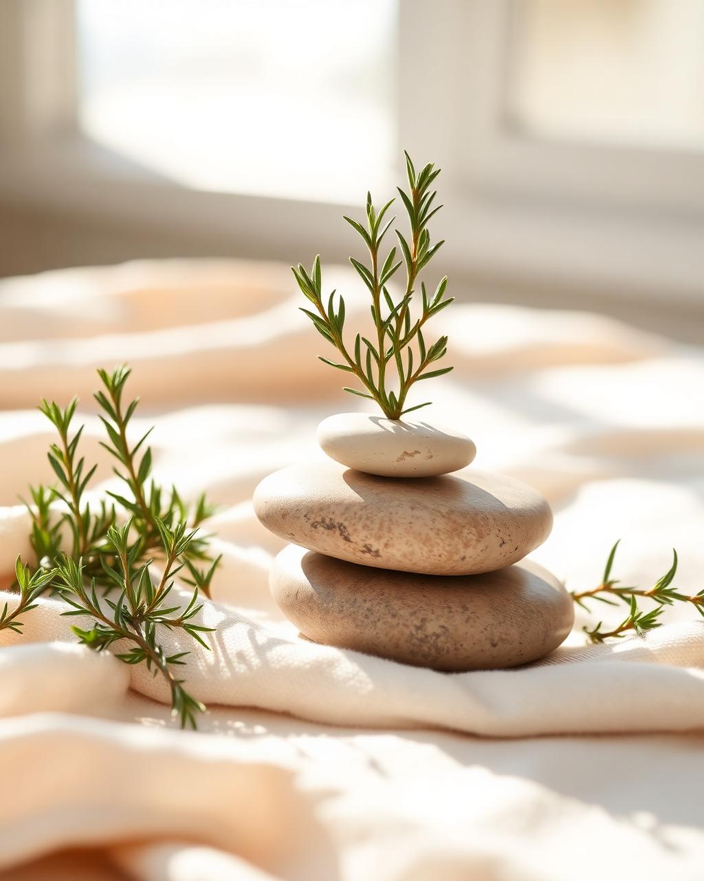 Stacked smooth stones with rosemary on linen — a quiet wellness still life