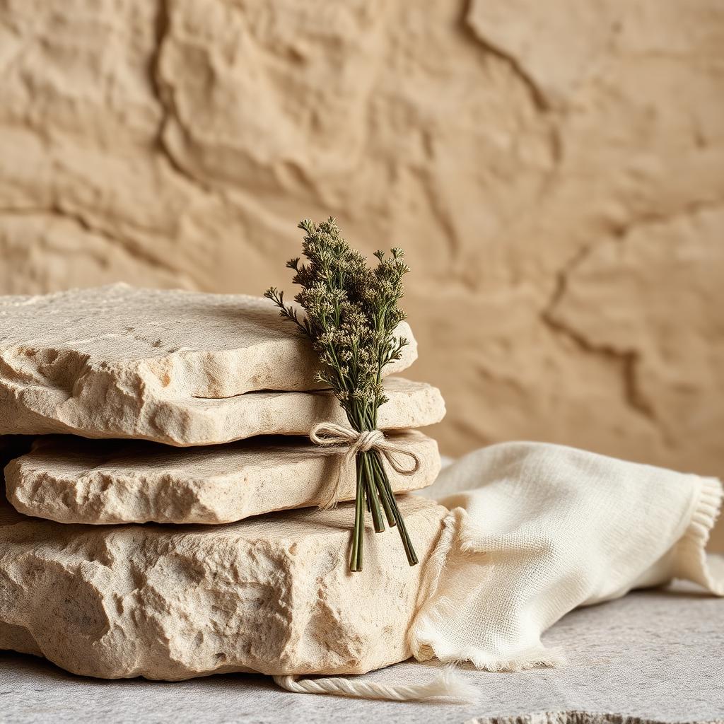 Stacked limestone slabs with a bundle of dried herbs