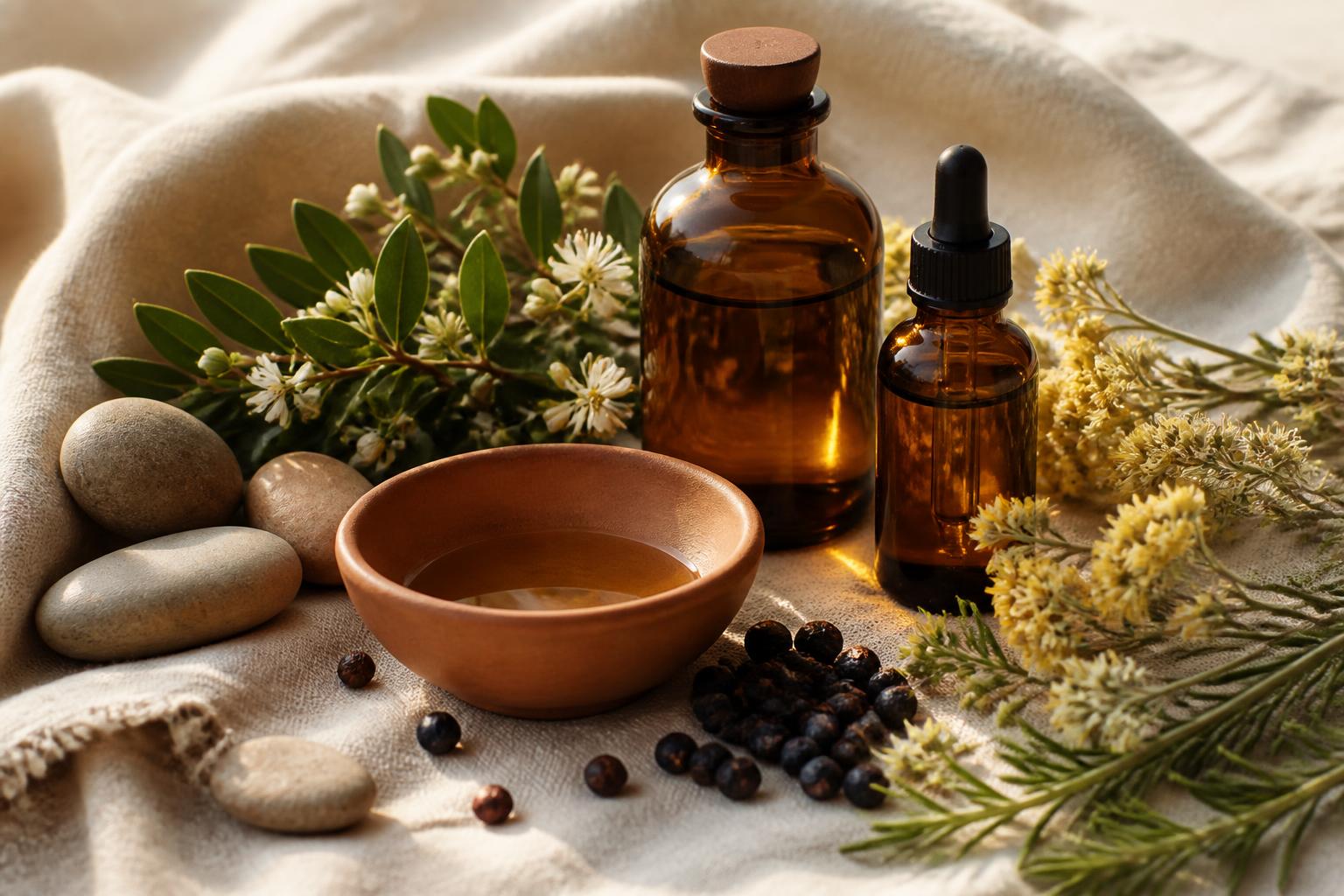 Sardinian botanical oils, myrtle, helichrysum and juniper arranged on warm linen